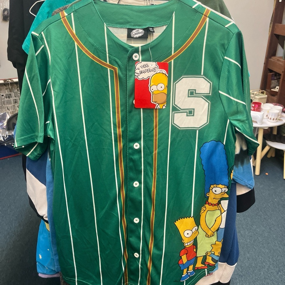 The Simpsons Green Baseball Jersey Pinstriped Cartoon Print, Size XS